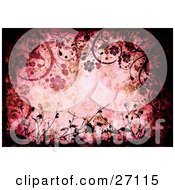 Clipart Illustration Of A Border Of Silhouetted Flowers And Vines Over A Pink Grunge Background