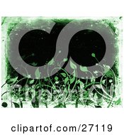 Clipart Illustration Of A Black Background Bordered By Green And White Grunge With Green Leaves Along The Bottom