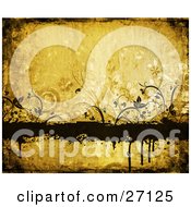 Poster, Art Print Of Orange Grungy Background Of Dark Brown Silhouetted Vines And Flowers Around A Blank Text Box With Dripping Paint
