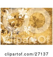 Poster, Art Print Of White And Black Flowers And Vines With Grunge Textures Over A Brown Background