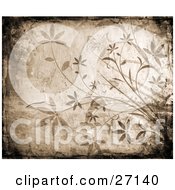 Poster, Art Print Of Brown Background Bordered By Black Grunge And Faded Flowers And Butterflies