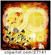Poster, Art Print Of Yellow Background With Scratches And Scuffs Bordered By Black Grunge And Black White And Orange Flowers And Vines