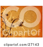 Poster, Art Print Of Textured Orange Background With Brown Plants And Flowers