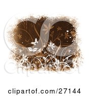Poster, Art Print Of White Butterfly Fluttering Over White And Brown Plants On A Brown Textured Background Bordered By White Grunge