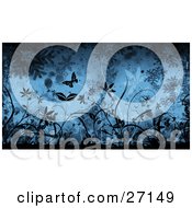 Poster, Art Print Of Wintry Background Of Silhouetted Black Butterflies And Plants With Falling Snowflakes