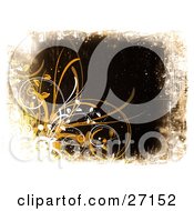 Poster, Art Print Of Dark Brown Grunge Background With White Circles And Vines An Curly Orange And Yellow Grasses