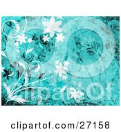 Poster, Art Print Of White And Black Flowers And Vines With Grunge Textures Over A Blue Background