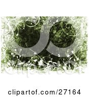 Clipart Illustration Of A Green Canvas Textured Background Bordered With White Silhouetted Flowers And Plants
