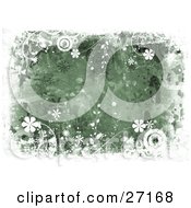 Poster, Art Print Of Green Canvas Textured Background With Splatters Bordered By White Circles Vines And Flowers