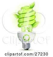 Green Energy Efficient Lightbulb With Leaves Sprouting From The Glass And Green Arrows Above The Spiral