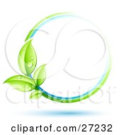 Clipart Illustration Of A Green Plant With Dew Covered Leaves Circling A Blue And White Orb Over A White Background With Blue Shadows