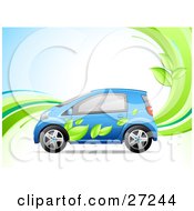 Blue Compact Car With A Green Leaf Paint Job On The Side Symbolizing An Eco-Friendly Hybrid Vehicle On A Background With Waves And Leaves