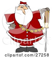 Santa Claus In His Red Suit Resting His Hand On Top Of A Flathead Screwdriver
