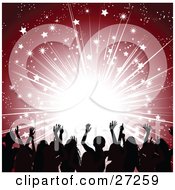 Clipart Illustration Of A Silhouetted Men And Women Holding Their Arms Up In Front Of A Red Background With Bursting Bright Light And Stars by elaineitalia
