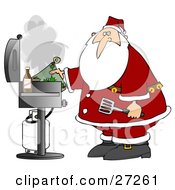 Santa Holding A Hot Pat And Spatula While Grilling Food On A Bbq