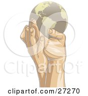 Poster, Art Print Of Gentle Human Hands Holding A Brown Planet Earth With Tan Continents Over A White Background