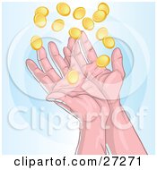Poster, Art Print Of Pair Of Human Hands Catching Falling Gold Coins Charity And Finance On A Blue Background