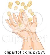 Poster, Art Print Of Pair Of Human Hands Reaching Up To Catch Falling Gold Coins Symbolizing Success Winnings Charity And Finance In General