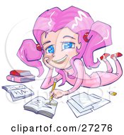 Clipart Illustration Of A Smiling Pink Haired Blue Eyed School Girl In Pink Clothes Laying On Her Belly And Doing Homework For School