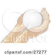 Clipart Illustration Of A Blank White Orb Nestled In Gentle Cupped Human Hands On A White Background