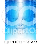 Clipart Illustration Of A Humanlike Head With Wire Frame Facing Front On A Blue And White Background Of Grids And Binary Coding