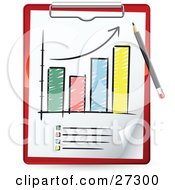 Poster, Art Print Of Red Pencil Drawing An Increase Arrow On A Sketched Bar Graph On A Red Clipboard
