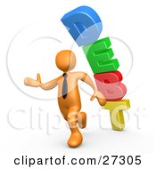 Clipart Illustration Of An Orange Business Person Running Away From A Stack Of DEBT Falling Behind Him by 3poD