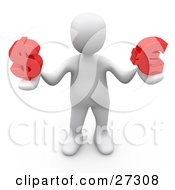 Clipart Illustration Of A White Person Standing And Holding A Red Dollar Symbol And Red Euro Symbol In His Hands Symbolizing Finance Currency Conversion Etc by 3poD