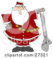 Clipart Illustration Of Santa Claus In His Red Suit Resting His Hand On Top Of An Adjustable Wrench