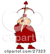 Clipart Illustration Of A Chubby Male Cupid In Red With Red Wings Pointing An Arrow Upwards