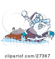 Santa Claus Pulling A Toy Sack Frozen Solid With Icicles Hanging From His Hat And Hand