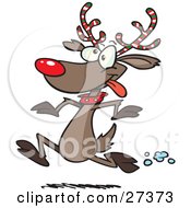 Clipart Illustration Of Rudolph The Red Nosed Reindeer With Festive Red White And Green Striped Antlers Running In The Snow by toonaday #COLLC27373-0008