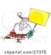 Cross Eyed Santa Walking Around With A Blank Yellow Sign For Advertising