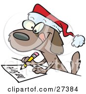 Festive Brown Puppy Dog Wearing A Santa Hat And Writing A Dear Santa Letter With His Christmas Wishes