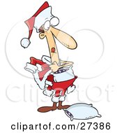 Clipart Illustration Of A Phony Caucasian Man Stuffing Pillows Into A Santa Suit To Try To Fool People Into Thinking Hes The Real Santa by toonaday