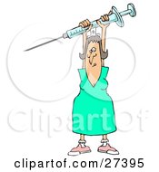 Female Nurse In A Green Dress Holding A Syringe High Above Her Head