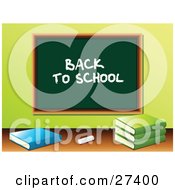 Poster, Art Print Of Chalk And School Books In Front Of A Green Chalkboard With Back To School Written On It In A Class Room