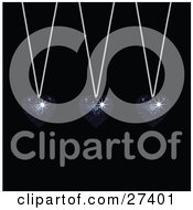 Clipart Illustration Of Three Sparkling Blue Disco Like Heart Pendants Suspended From Silver Necklaces Over A Black Background