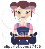Clipart Illustration Of A Happy Caucasian Woman Smiling And Holding A Cake Or Fresh Bread In A Pan by Melisende Vector