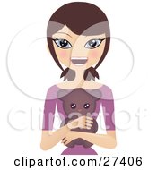 Clipart Illustration Of A Smiling Caucasian Brunette Woman In A Purple Shirt Hugging A Cute Teddy Bear by Melisende Vector
