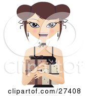 Clipart Illustration Of A Happy Brunette Caucasian Woman Smiling And Hugging Two Gifts by Melisende Vector