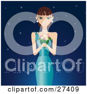 Poster, Art Print Of Beautiful Woman In An Evening Gown Holding A Bouquet Of Flowers And Wearing Diamonds Smiling And Standing Against A Starry Night Background With I Love You Text