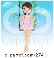 Happy Brunette Woman In A Pink And White Polka Dot Dress Swinging With Butterflies On A Summer Day