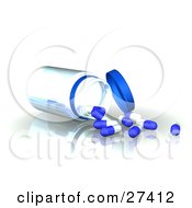 Clipart Illustration Of A Clear Bottle Tipped Over On A Reflective Surface With White And Blue Pill Capsules Spilling Out