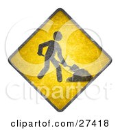 Poster, Art Print Of Yellow Road Sign With A Person Digging On A White Background