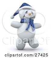 Poster, Art Print Of Frosty The Snowman In 3d Wearing A Blue Hat And Scarf Smiling And Walking