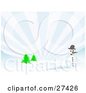 Poster, Art Print Of Frosty The Snowman Wearing A Black Hat And Smiling On A Hilly Snow Covered Landscape With Evergreen Trees And Light Bursting From The Sky