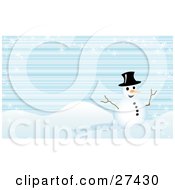 Poster, Art Print Of Frosty The Snowman Smiling And Holding His Stick Arms Out On A Hilly Winter Landscape With Snowflakes And A Blue Lined Background