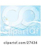 Poster, Art Print Of Frosty The Snowman Smiling And Standing On Blue And White Waves Over A Gradient Background With Ornaments And Snowflakes