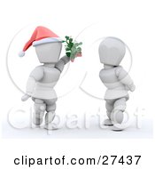 Poster, Art Print Of Romantic White Character Wearing A Santa Hat And Holding Mistletoe Between Himself And A Woman